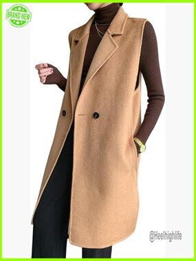 Long Wool Vest Sleeveless Blazer Coat Notch Lapel Knee Length Button Front Side